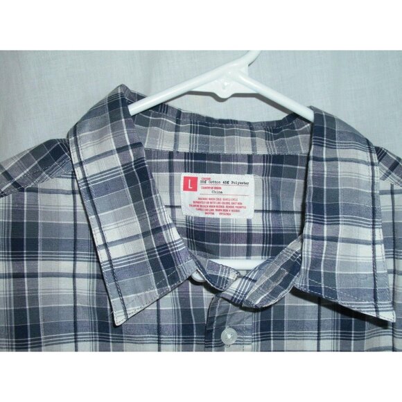 Mens Large Plaid Button-Up Shirt Long Sleeve Cotton/Polyester Blend Blue & White - Picture 4 of 7